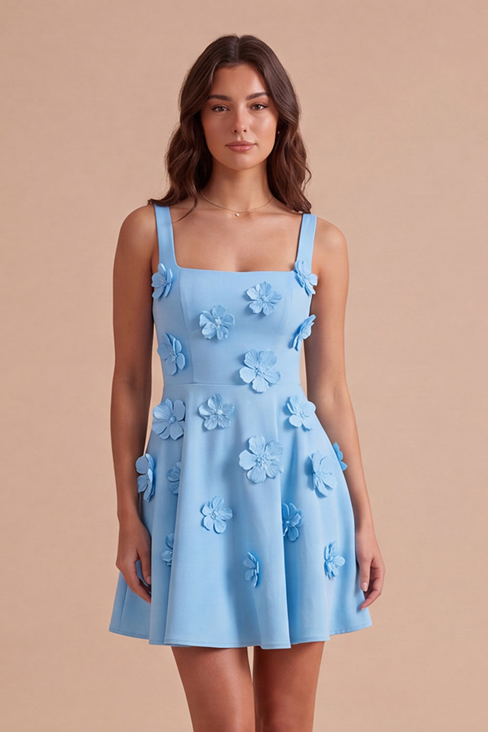 Blue Floral A Line Square Neck Short Homecoming Dress