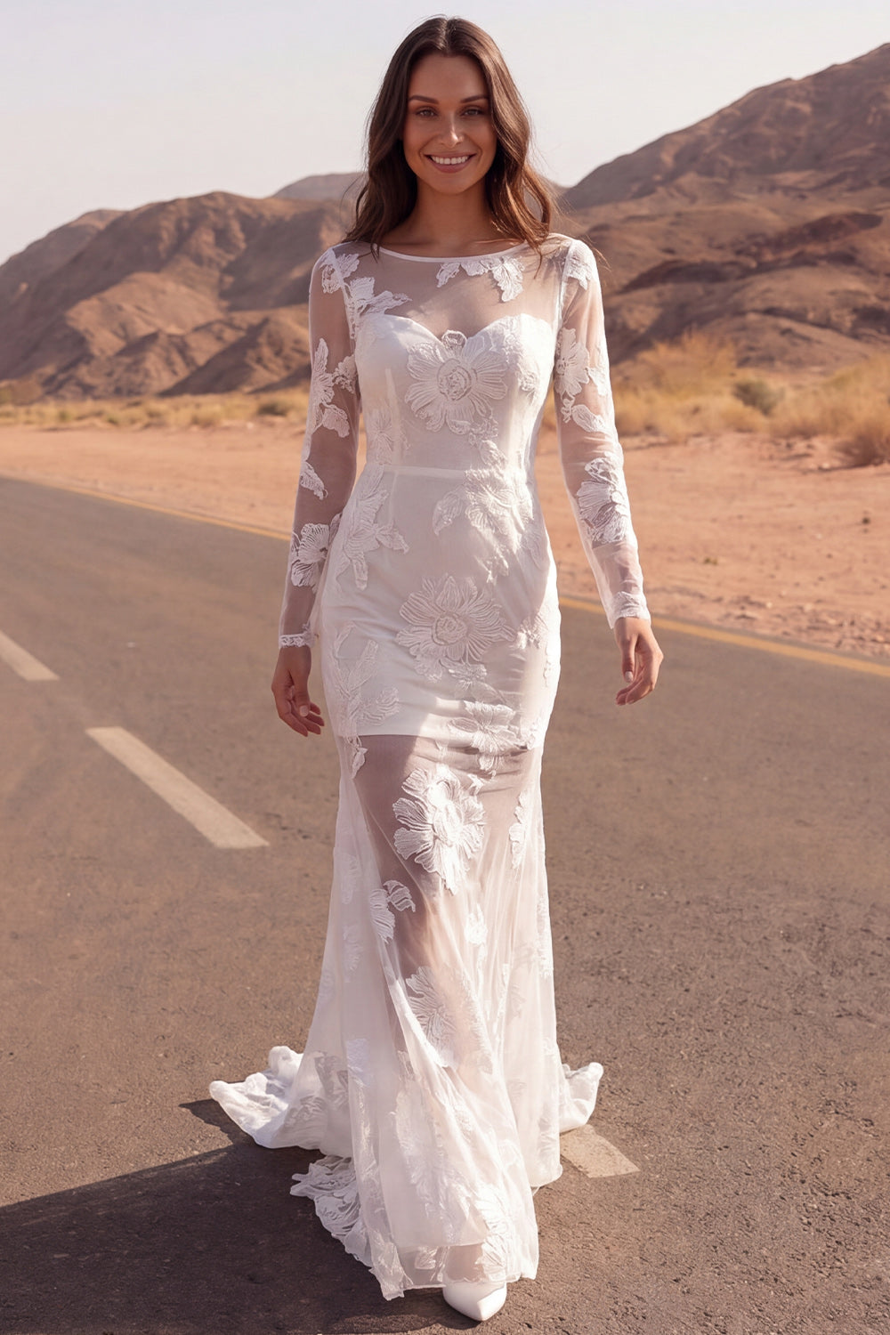 Leely Women Ivory Mermaid Floral Long Western Wedding Dress Long Sleeves Illusion Neck Boho Bridal Dress