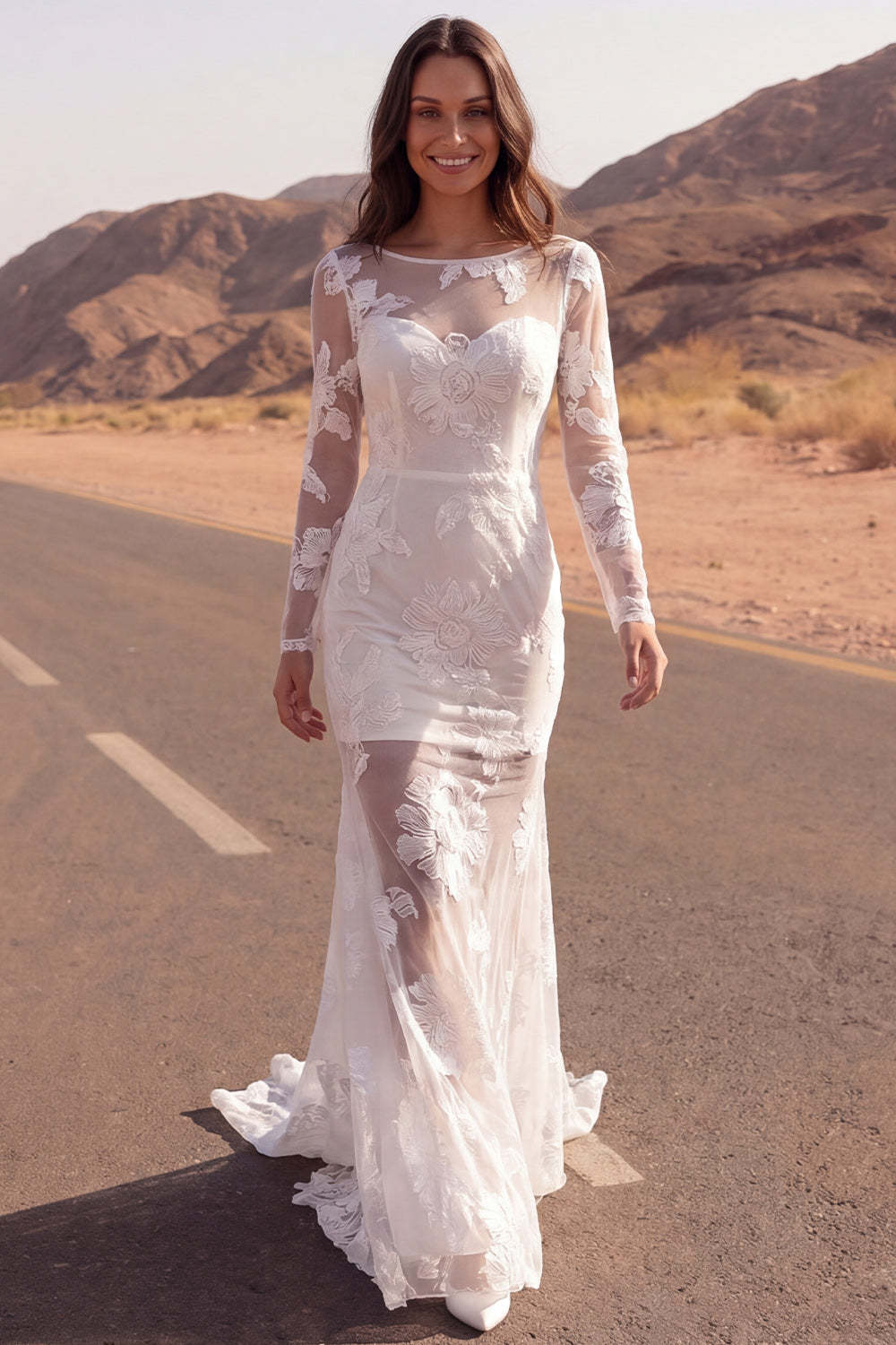 Leely Women Ivory Mermaid Floral Long Western Wedding Dress Long Sleeves Illusion Neck Boho Bridal Dress