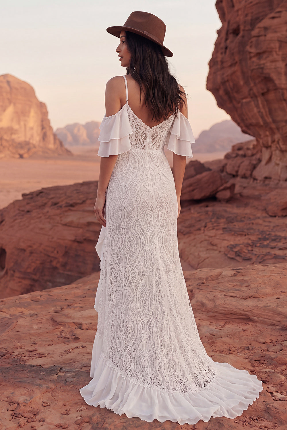 Ivory Lace Mermaid Long Western Wedding Dress with Slit