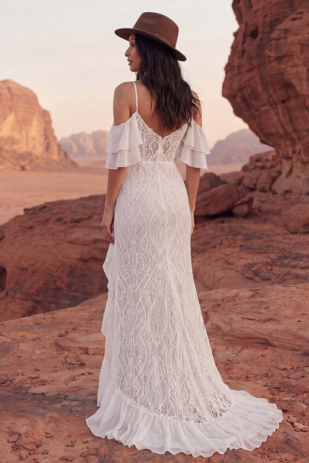 Ivory Lace Mermaid Long Western Wedding Dress with Slit