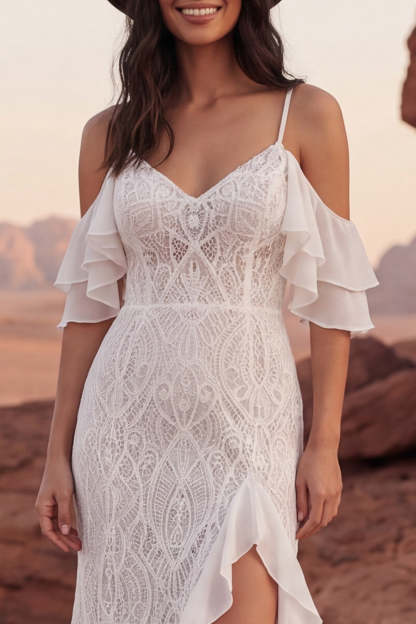 Ivory Lace Mermaid Long Western Wedding Dress with Slit