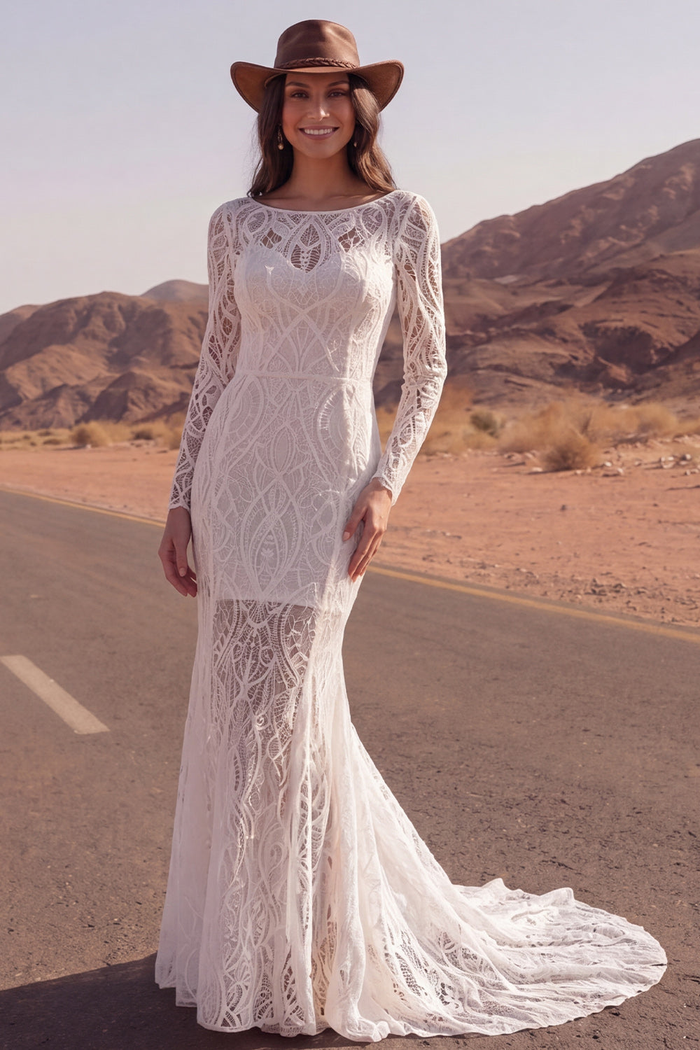 Leely Women Mermaid Ivory Lace Boho Long Western Wedding Dress Round Neck Long Sleeves Bridal Dress