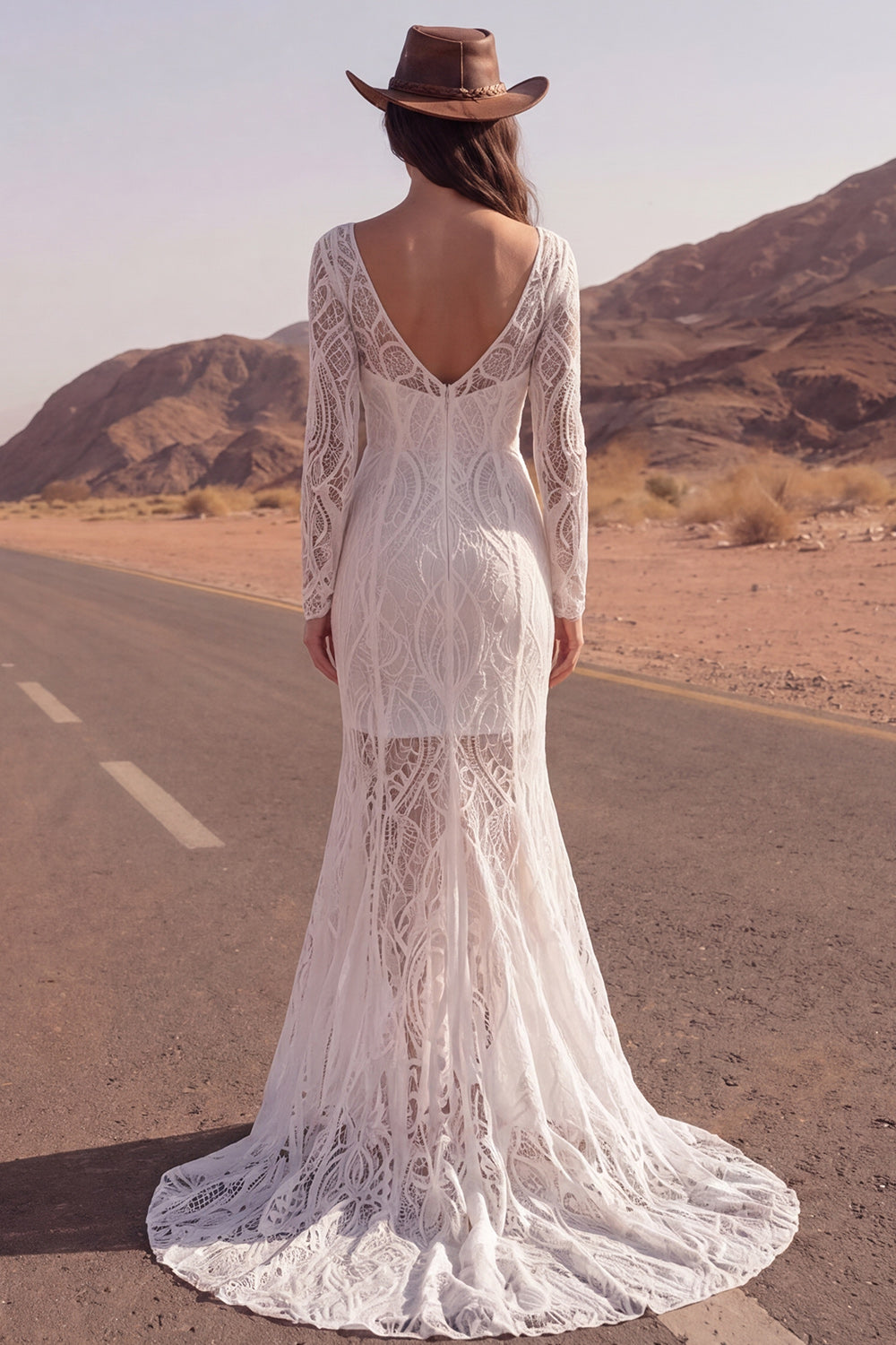 Mermaid Ivory Lace  Boho Long Western Wedding Dress