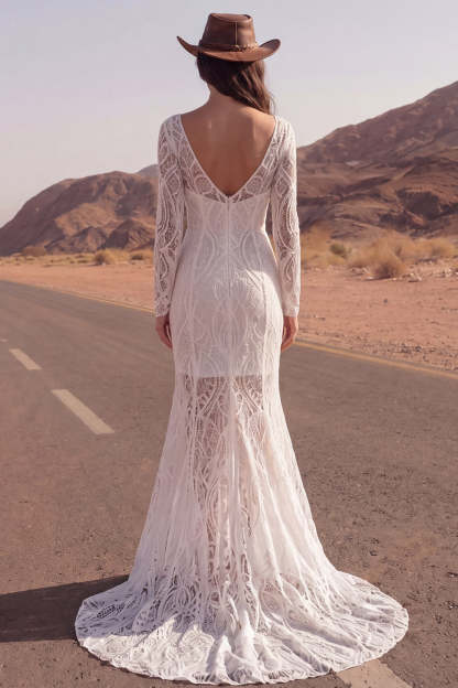 Mermaid Ivory Lace  Boho Long Western Wedding Dress