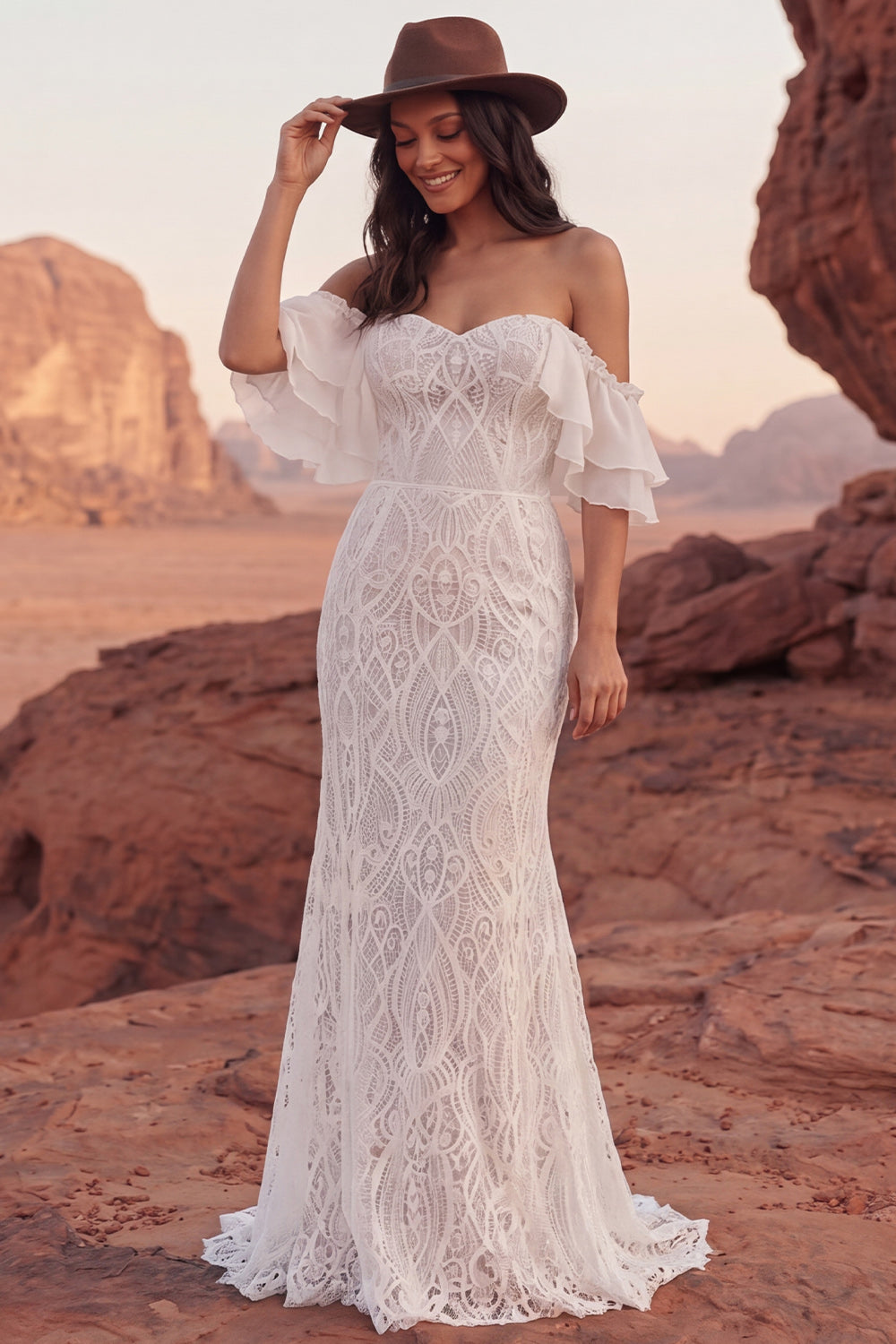 Leely Women Lace Ruffled Ivory Off the Shoulder Long Boho Western Wedding Dress Backless Mermaid Sleeveless Bridal Dress