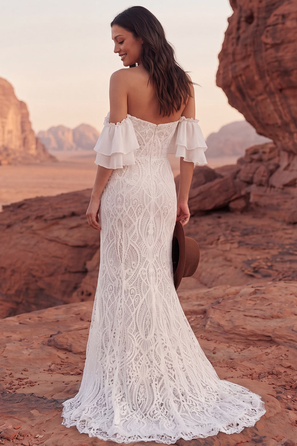 Lace Ruffled Ivory Off the Shoulder Long Boho Wedding Western Dress