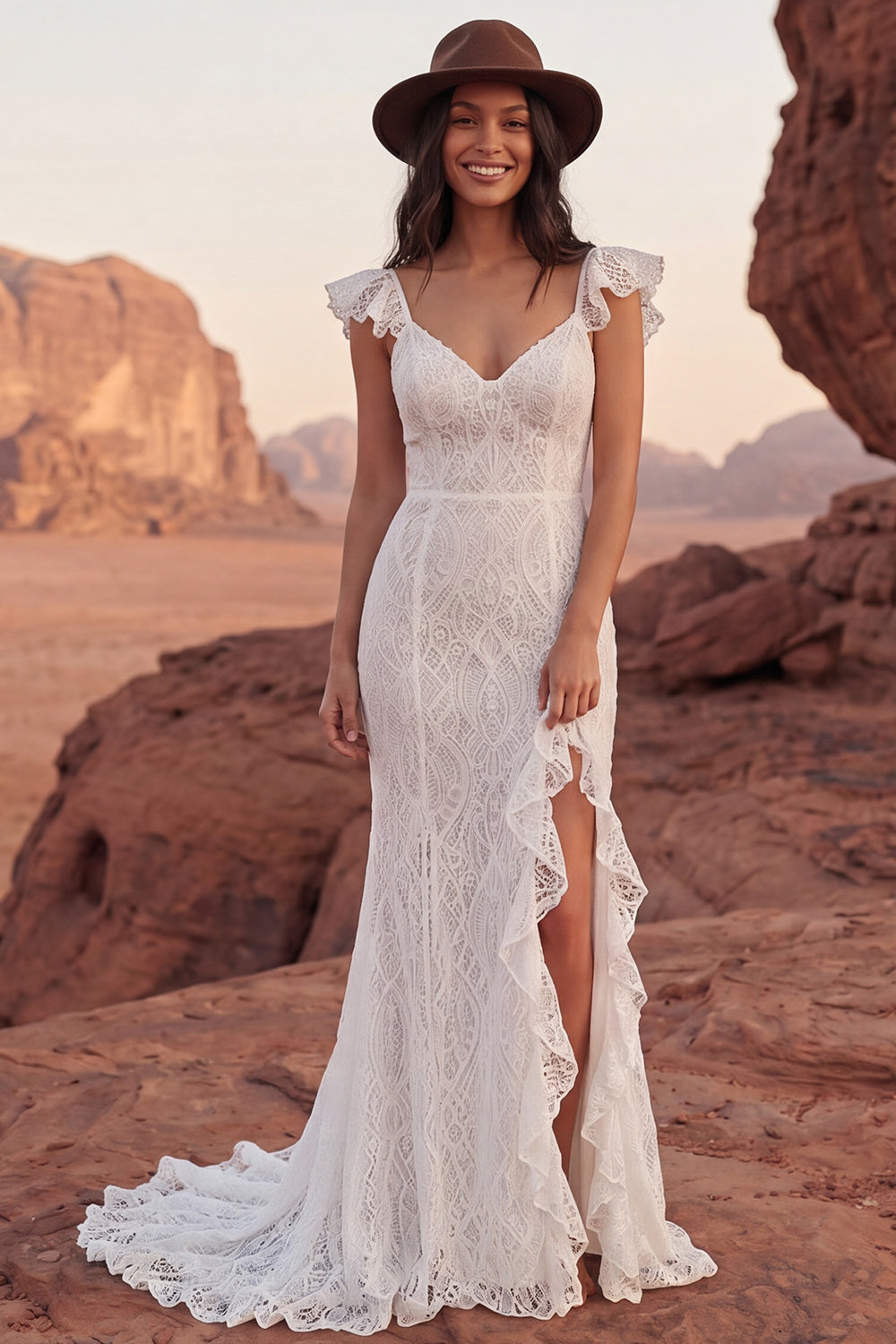 Lace Ivory Ruffled Mermaid Long Boho Western Wedding Dress with Slit
