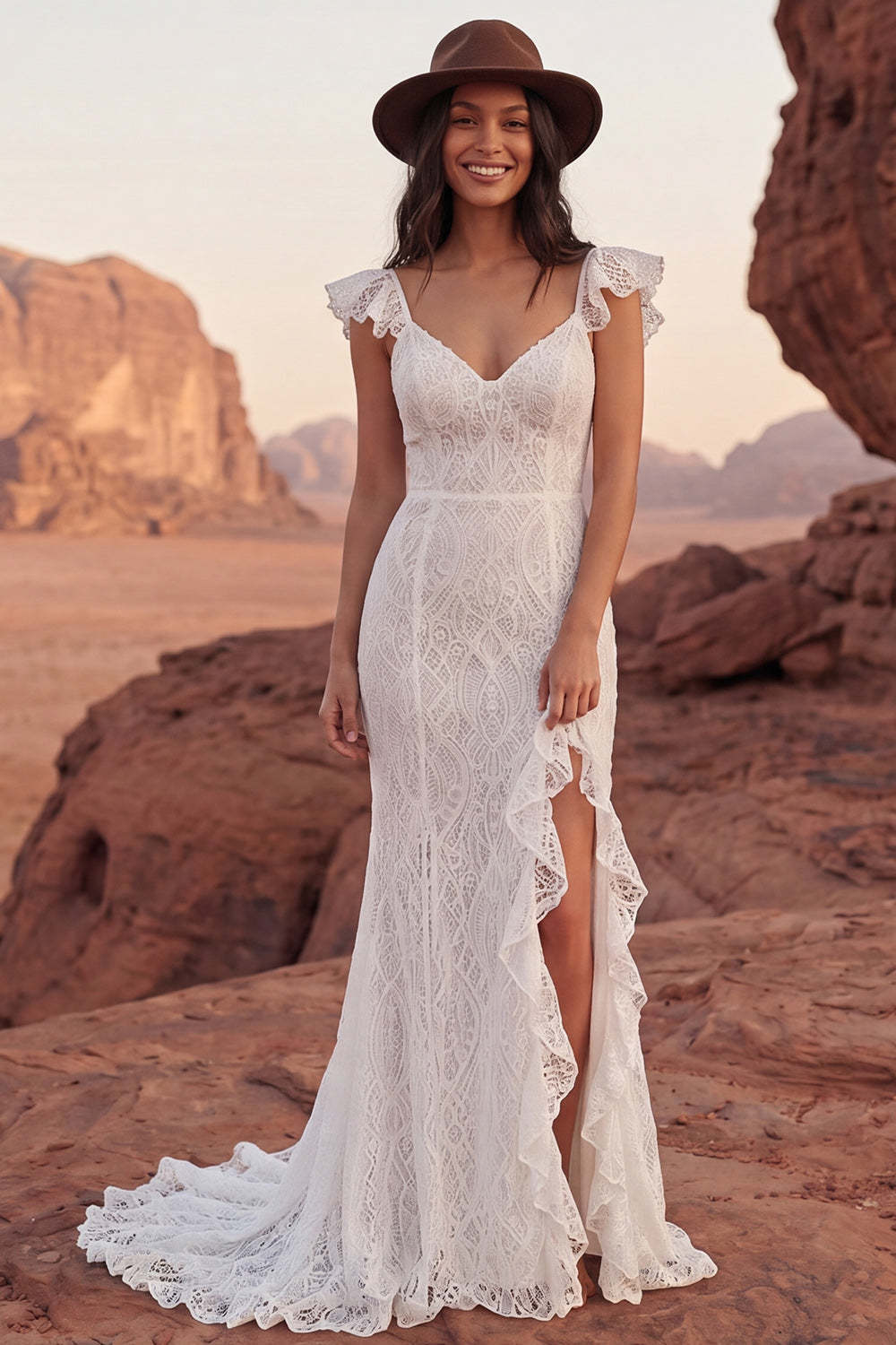 Leely Women Lace Ivory Ruffled Mermaid Long Boho Western Wedding Dress with Slit Spaghetti Straps Backless Sleeveless Bridal Dress