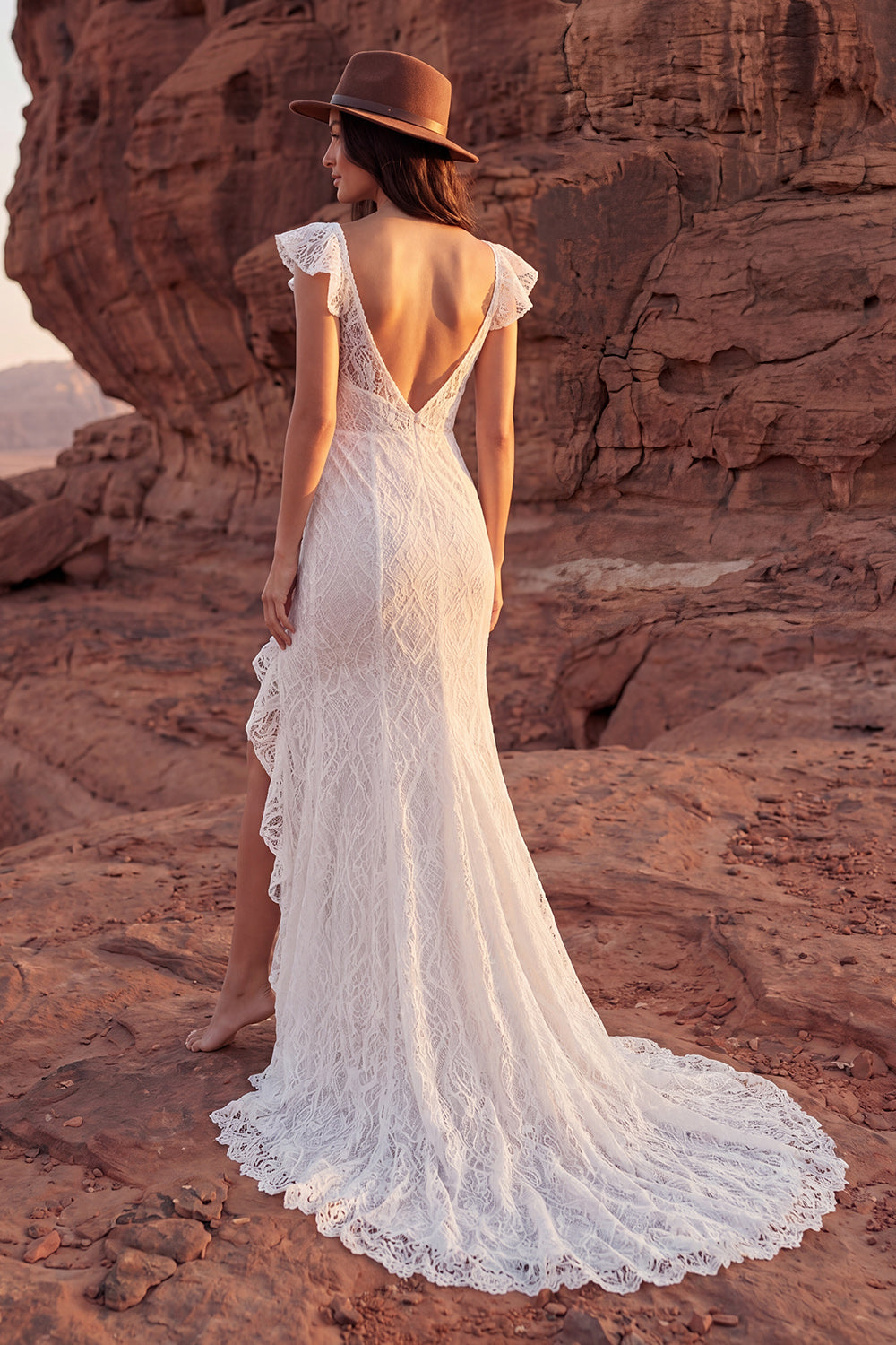Lace Ivory Ruffled Mermaid Long Boho Western Wedding Dress with Slit