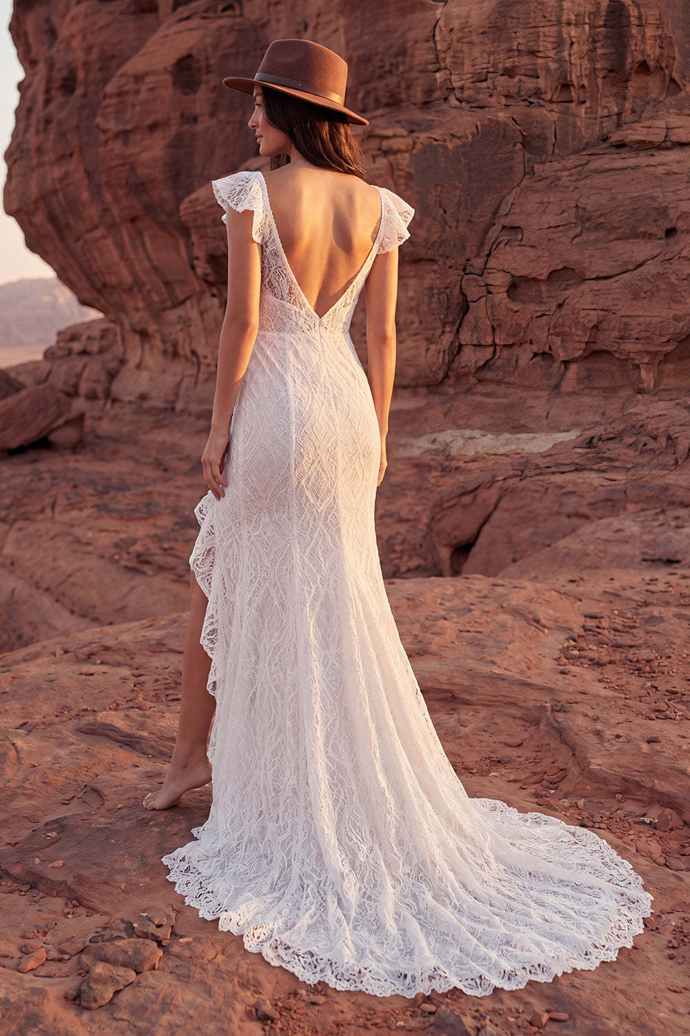 Lace Ivory Ruffled Mermaid Long Boho Western Wedding Dress with Slit