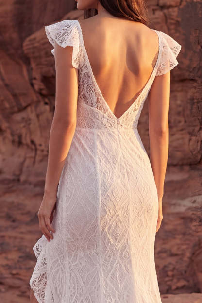 Lace Ivory Ruffled Mermaid Long Boho Western Wedding Dress with Slit