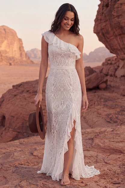 Leely Women Ivory Lace One Shoulder Ruffled Long Boho Western Wedding Dress Backless Sleeveless Bridal Dress