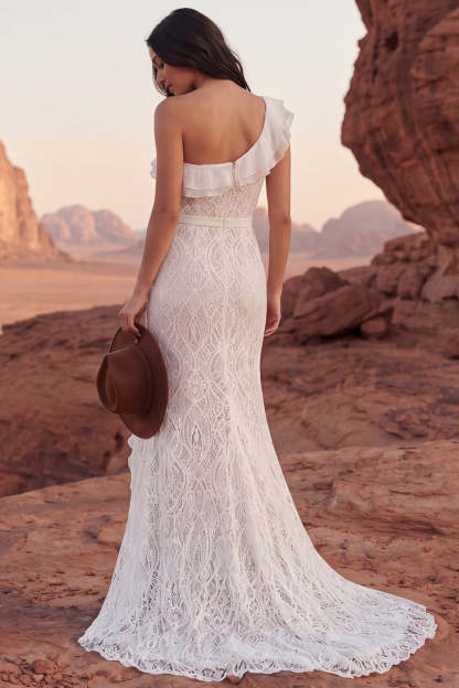 Ivory Lace One Shoulder Ruffled Long Boho Western Wedding Dress