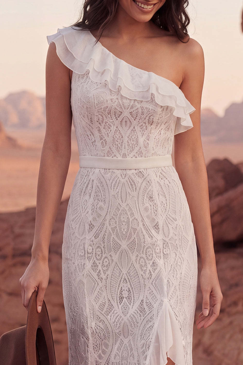 Ivory Lace One Shoulder Ruffled Long Boho Western Wedding Dress