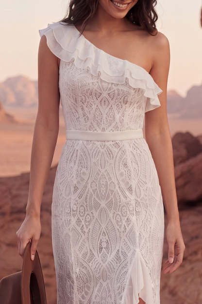 Ivory Lace One Shoulder Ruffled Long Boho Western Wedding Dress