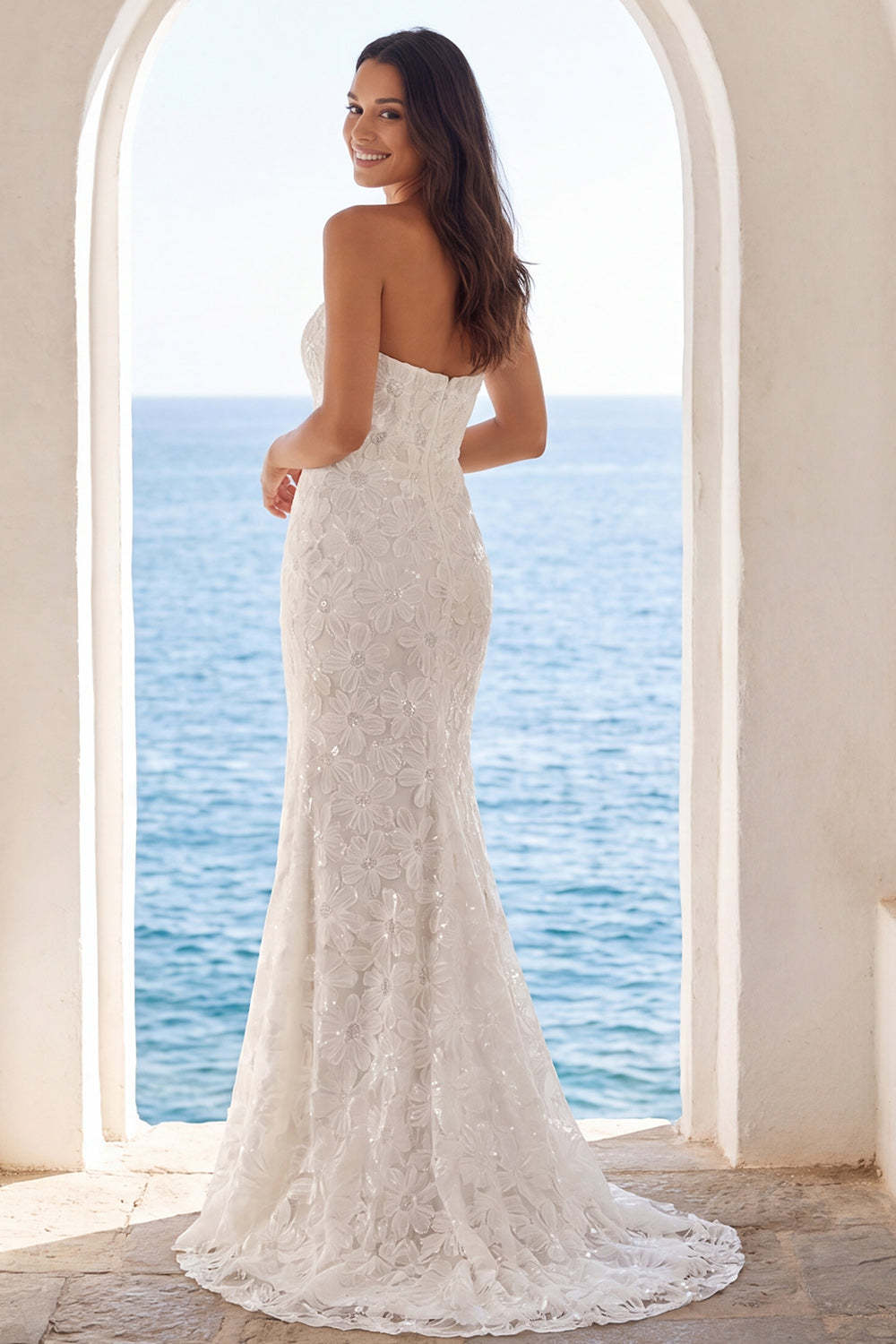 Ivory Appliqued Floral Mermaid Long Beach Wedding Dress