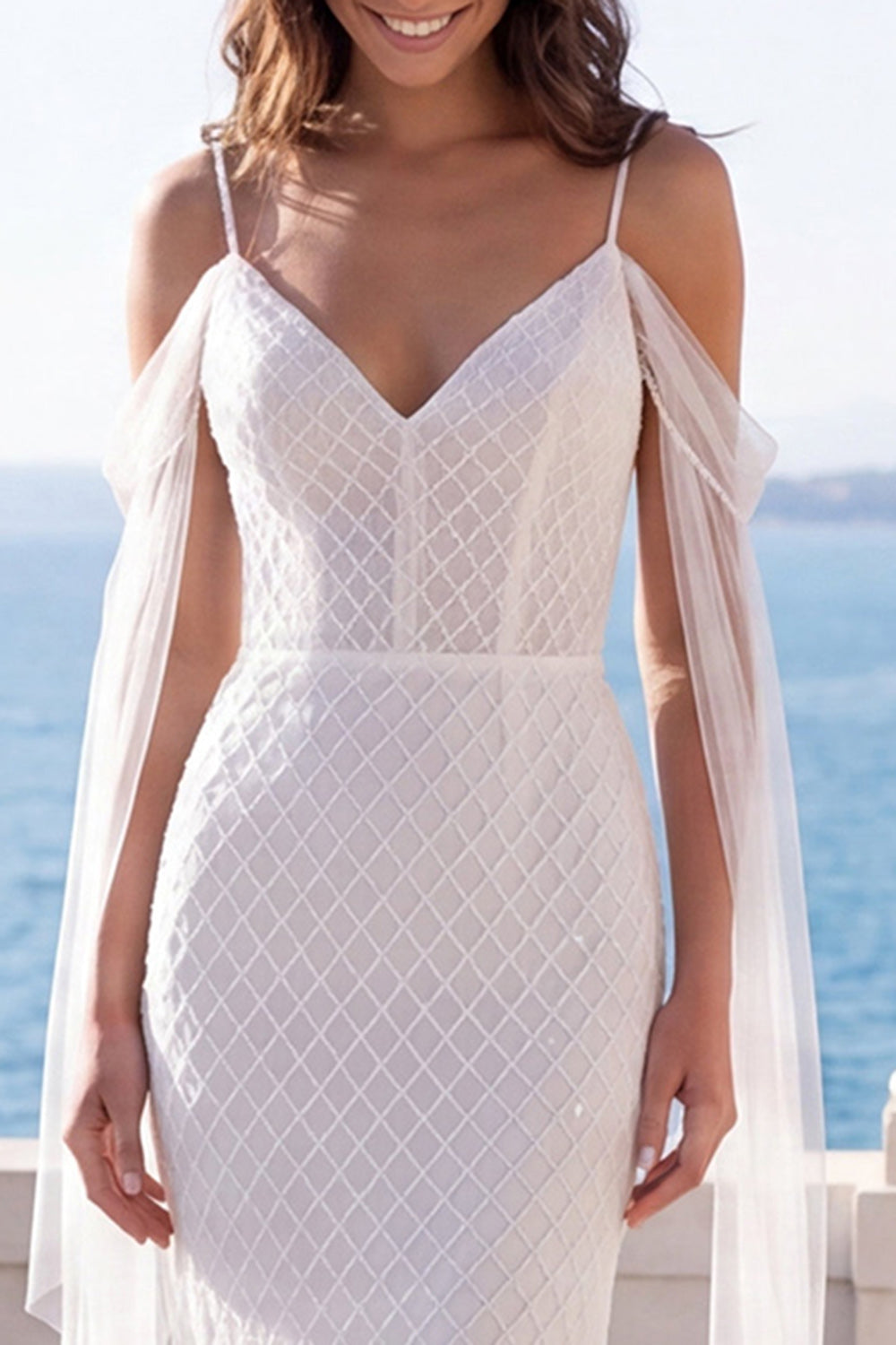 Cold Shoulder Mermaid Ivory Long Beach Wedding Dress