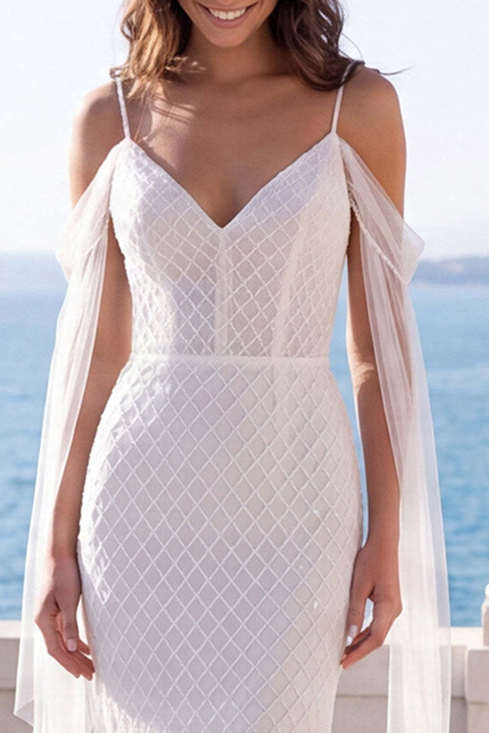Cold Shoulder Mermaid Ivory Long Beach Wedding Dress