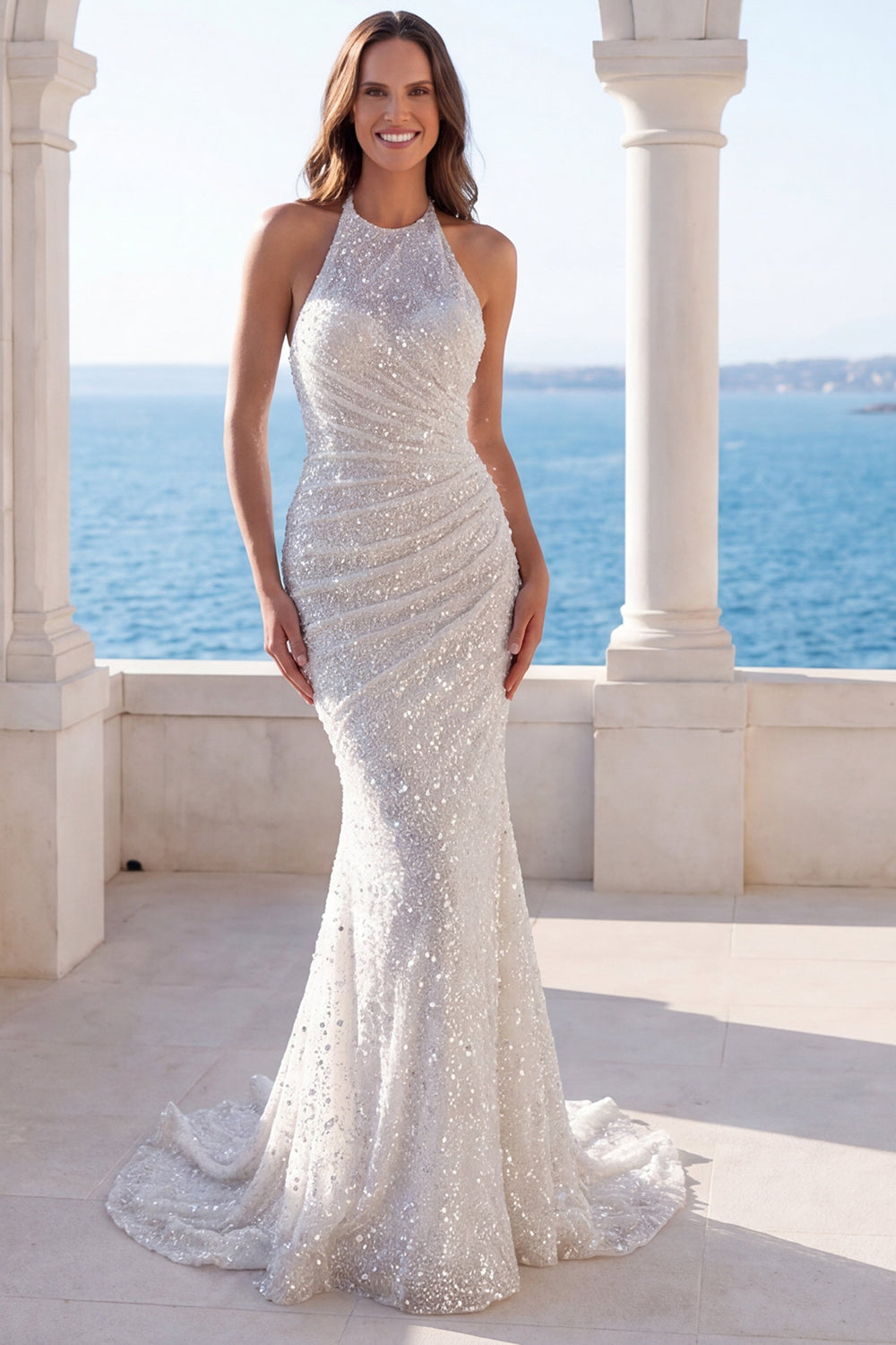Sparkly Sequined Ivory Mermaid Ruched Long Beach Wedding Dress
