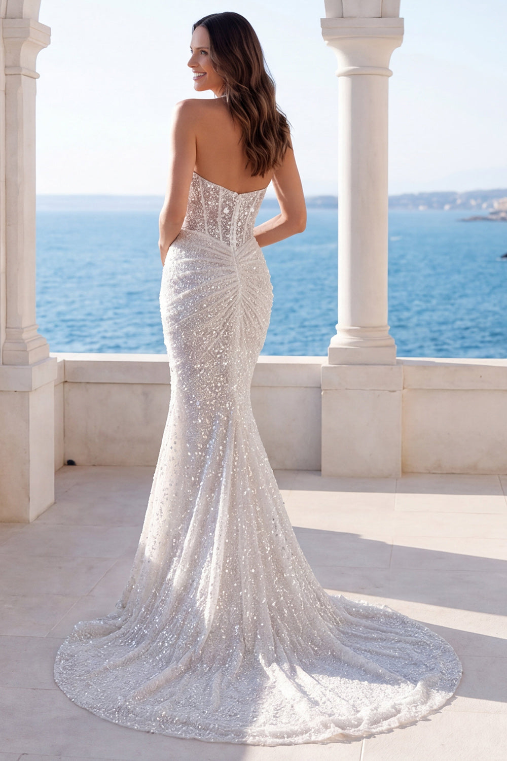 Sparkly Sequined Ivory Mermaid Ruched Long Beach Wedding Dress