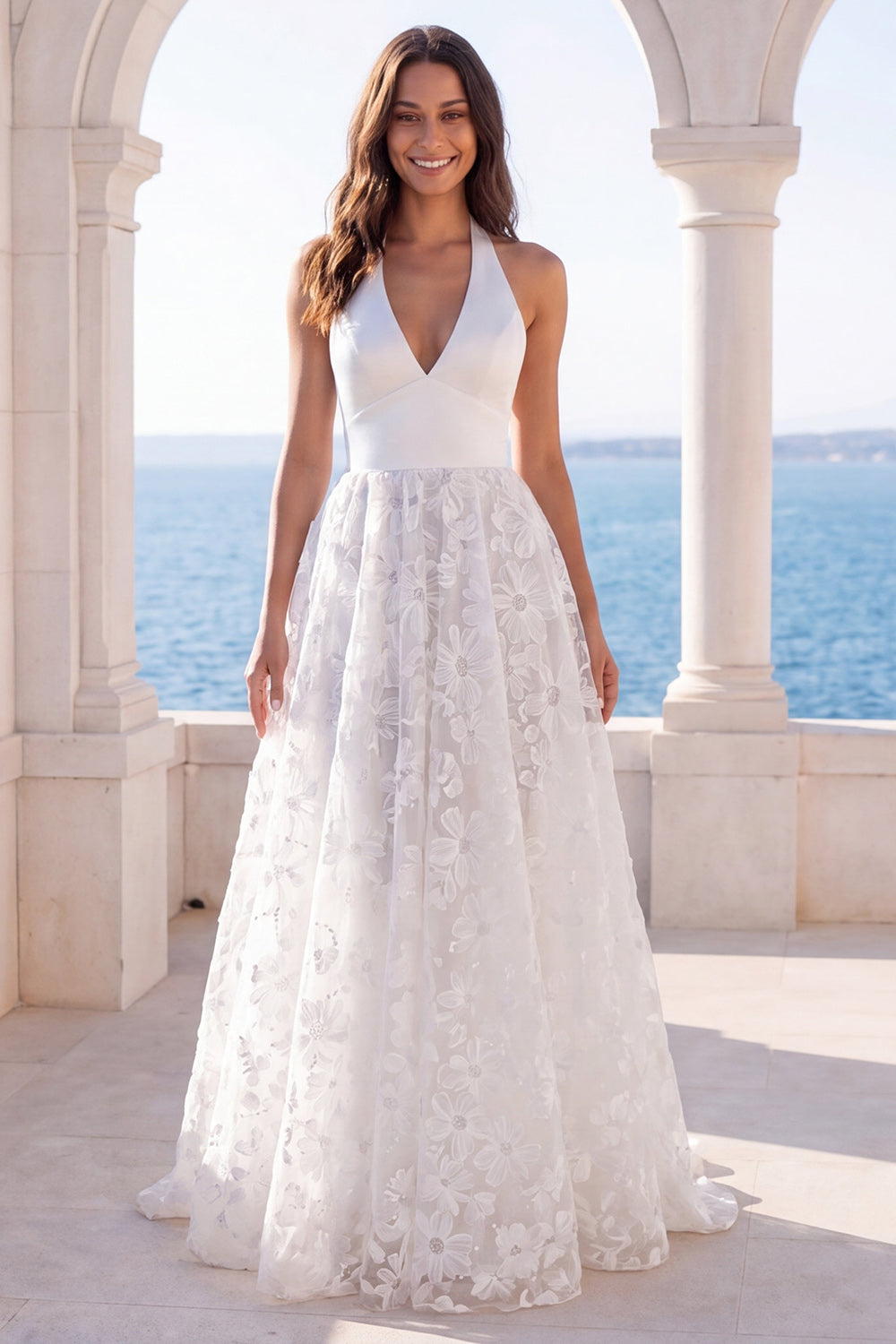 Leely Women A Line Ivory Floral Appliqued Long Beach Wedding Dress Halter Neck Backless Bridal Dress