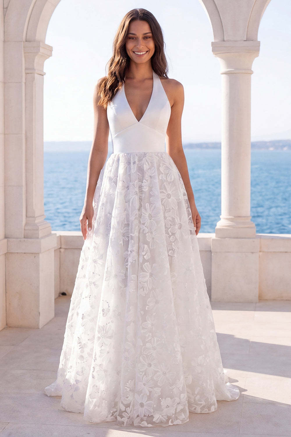 Leely Women A Line Ivory Floral Appliqued Long Beach Wedding Dress Halter Neck Backless Bridal Dress