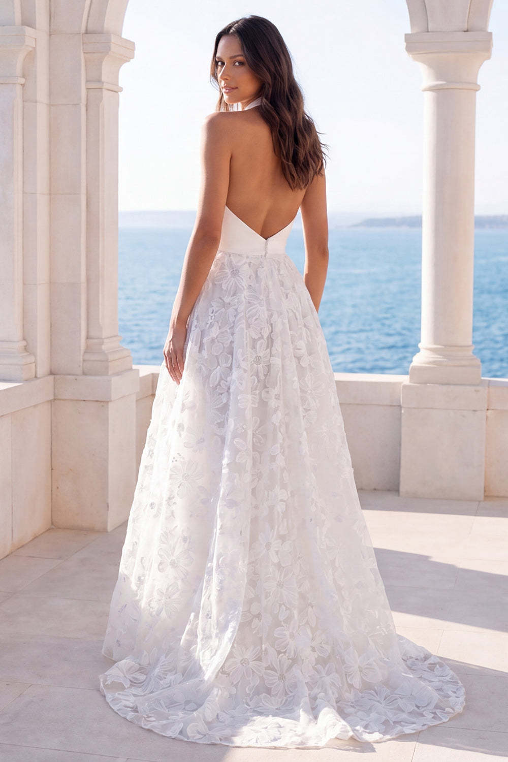 A Line Ivory Floral Appliqued Long Beach Wedding Dress