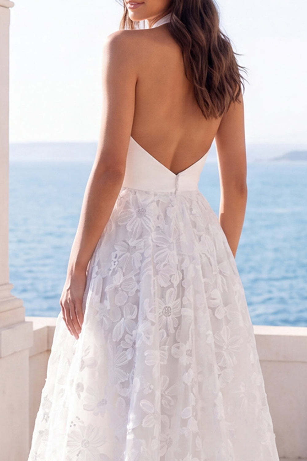 A Line Ivory Floral Appliqued Long Beach Wedding Dress