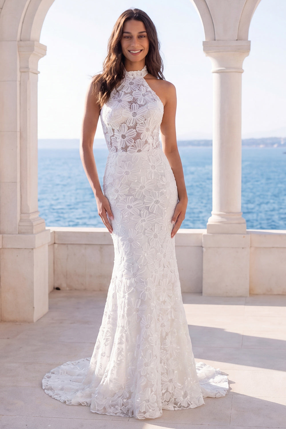Leely Women Mermaid Floral Ivory Halter Neck Long Beach Wedding Dress Backless Sleeveless Bridal Dress