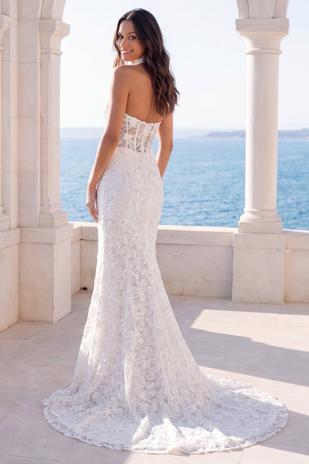 Mermaid Floral Ivory Halter Neck Long Beach Wedding Dress
