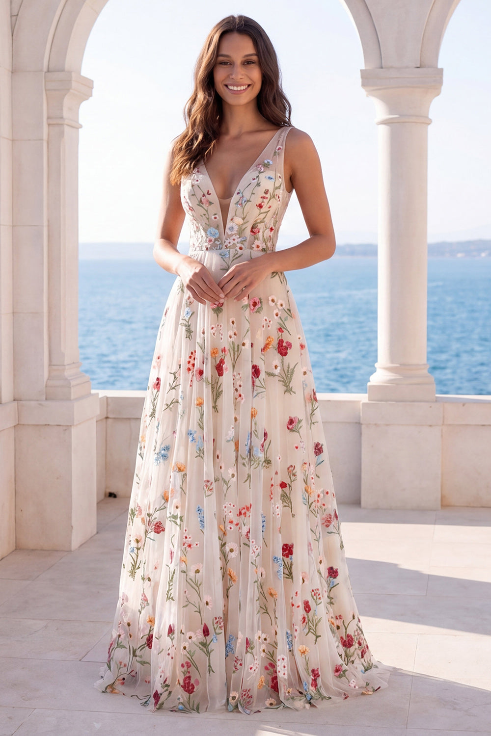 A Line Floral Ivory V Neck Long Beach Wedding Dress