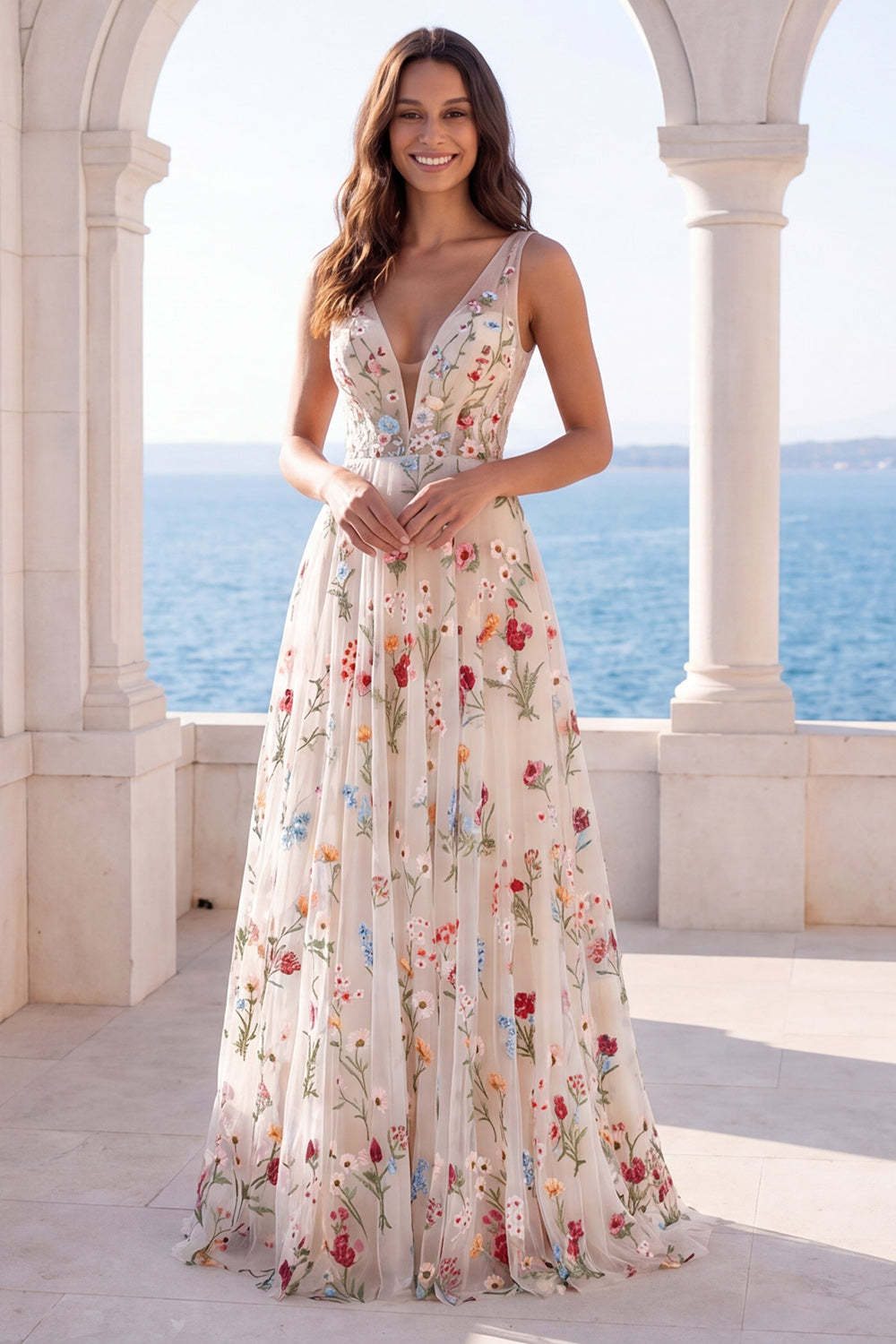 Leely Women A Line Floral Ivory Long Beach Wedding Dress Backless V Neck Bridal Dress