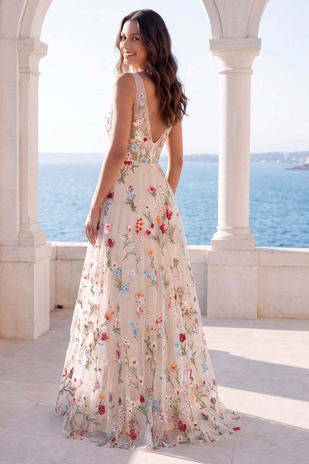 A Line Floral Ivory V Neck Long Beach Wedding Dress