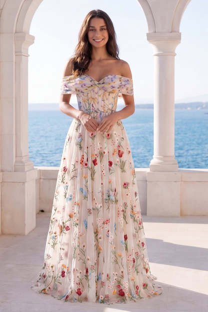 Leely Women A Line Corset Ivory Floral Long Beach Wedding Dress Off the Shoulder Backless Bridal Dress
