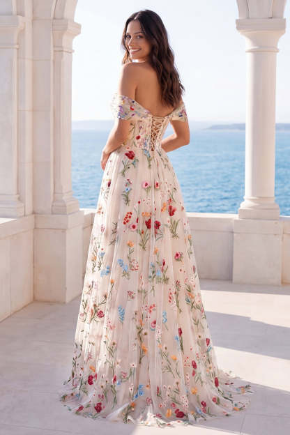 A Line Corset Ivory Floral Long Beach Wedding Dress