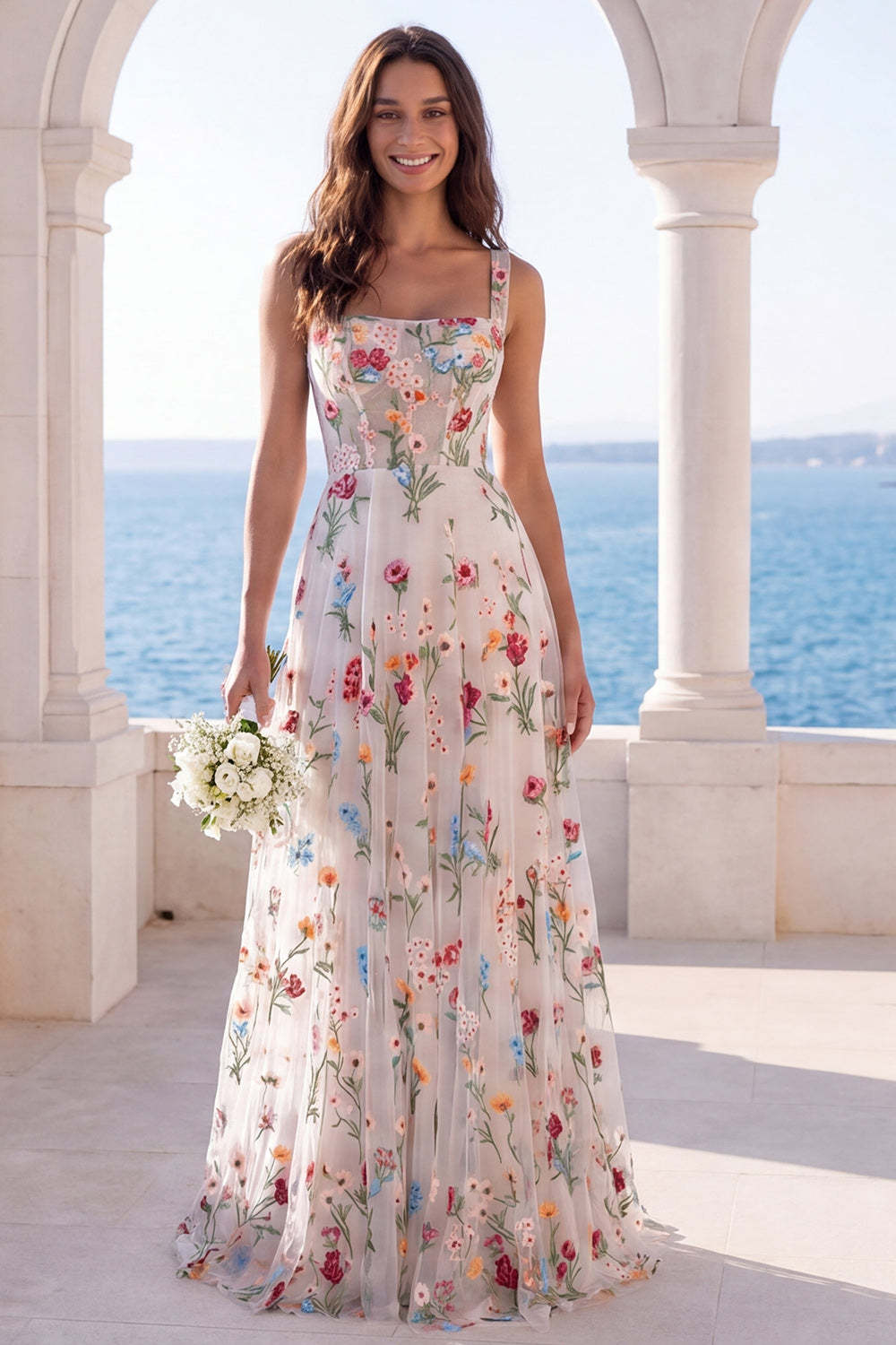 Leely Women A Line Corset Ivory Floral Long Beach Wedding Dress Thick Straps Backless Sleeveless Bridal Dress