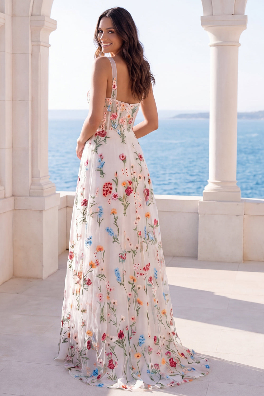 Thick Straps A Line Corset Ivory Floral Long Beach Wedding Dress