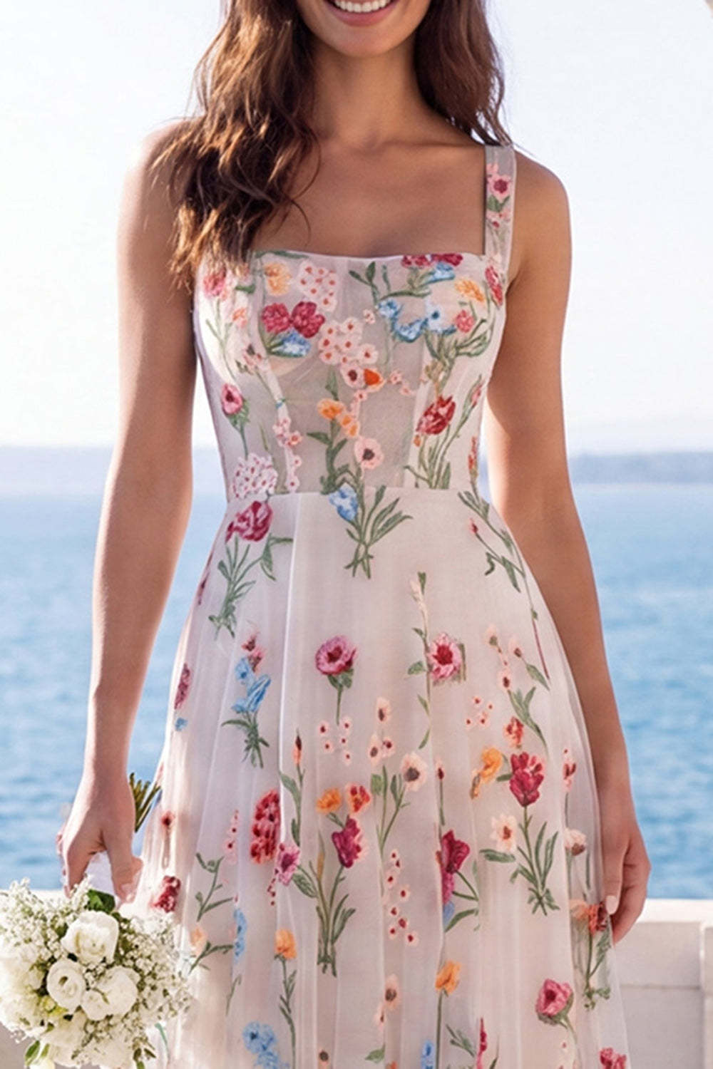 Thick Straps A Line Corset Ivory Floral Long Beach Wedding Dress