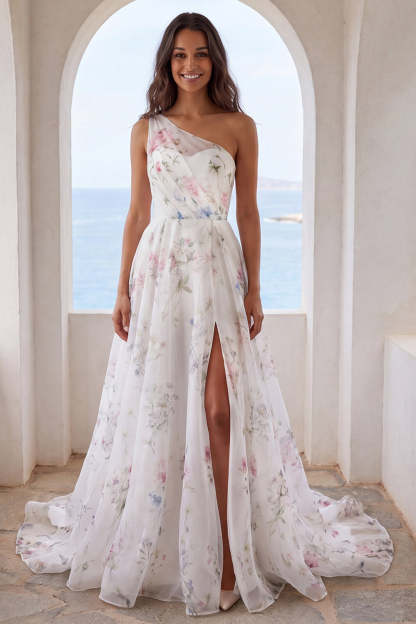 Leely Women Ivory Floral A Line Long Beach Wedding Dress with Slit One Shoulder Backless Bridal Dress