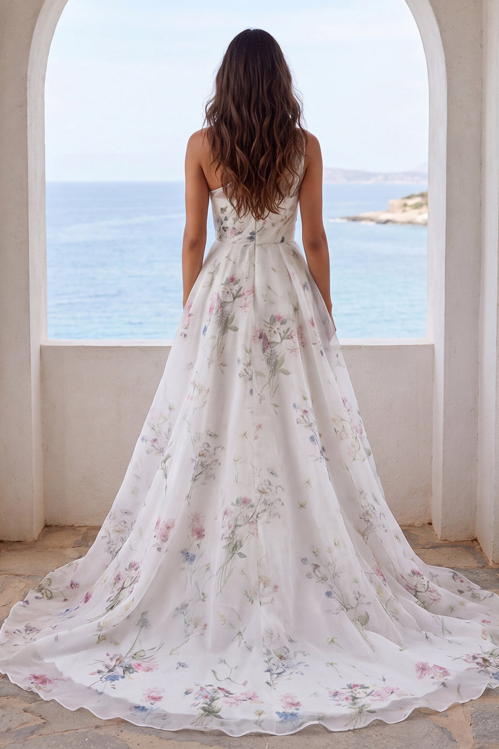 Ivory Floral A Line One Shoulder Long Beach Wedding Dress with Slit