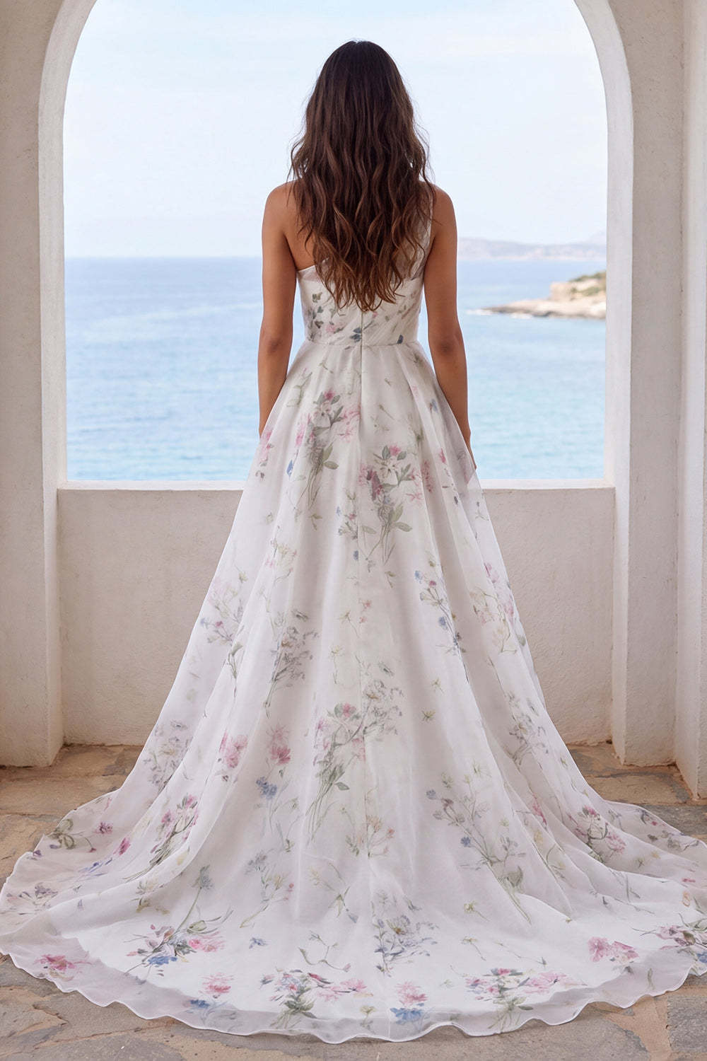 Ivory Floral A Line One Shoulder Long Beach Wedding Dress with Slit