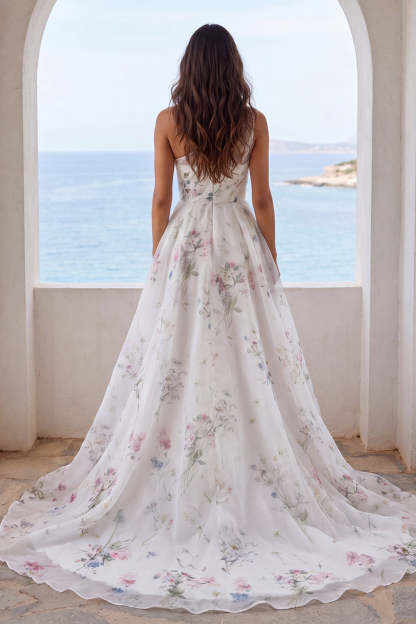 Ivory Floral A Line One Shoulder Long Beach Wedding Dress with Slit