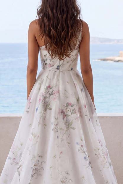 Ivory Floral A Line One Shoulder Long Beach Wedding Dress with Slit