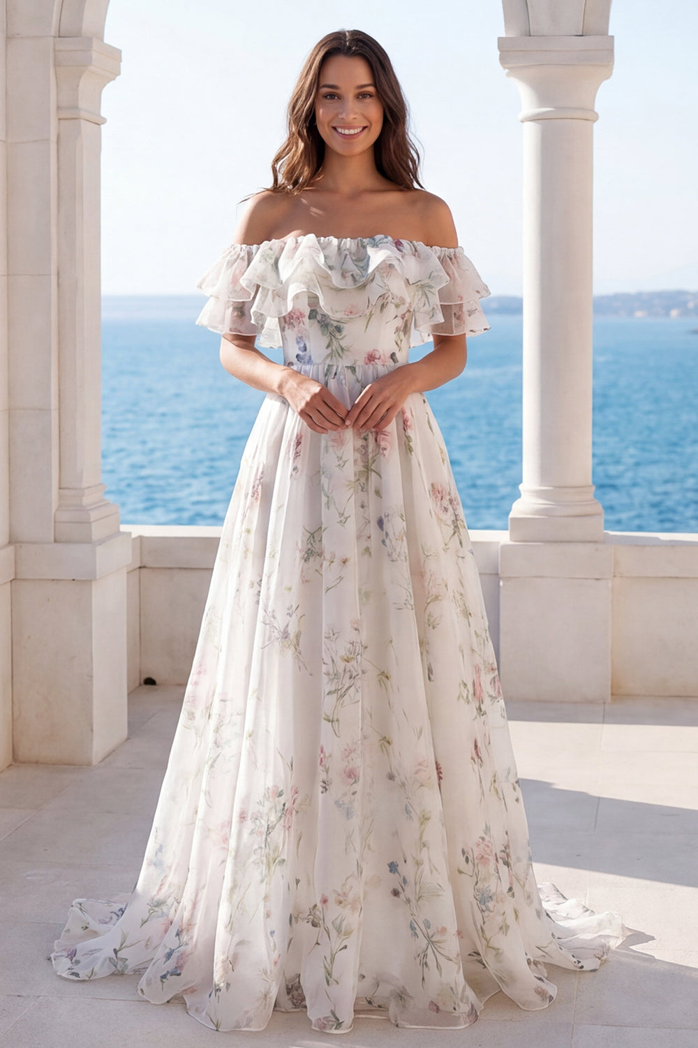 Ivory Off the Shoulder Floral Ruffled Long Beach Wedding Dress