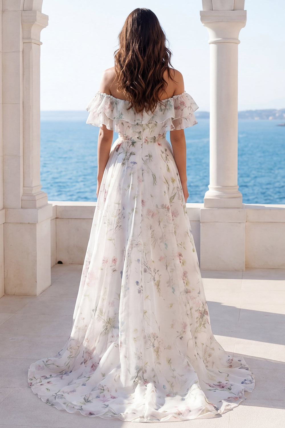 Ivory Off the Shoulder Floral Ruffled Long Beach Wedding Dress
