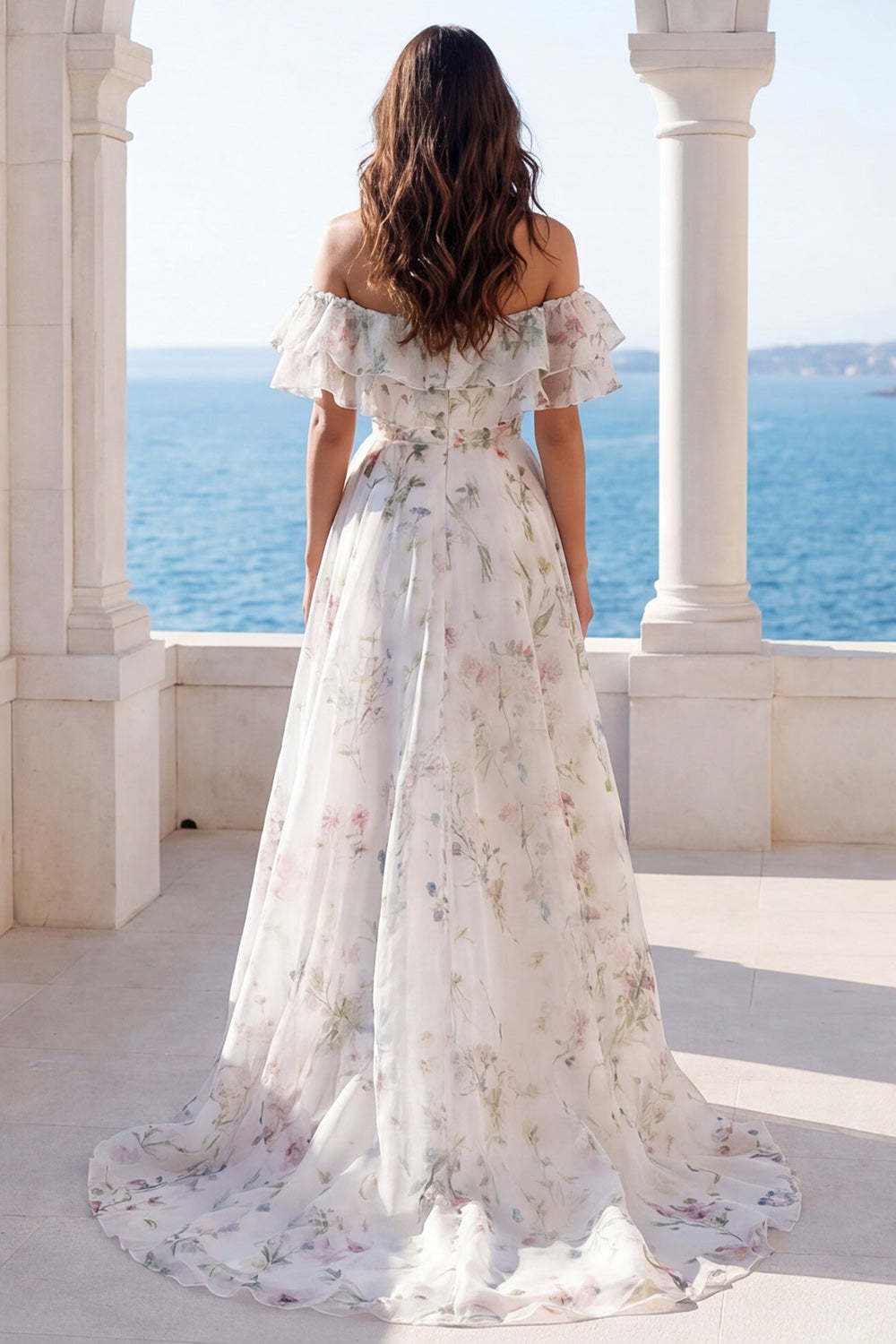 Ivory Off the Shoulder Floral Ruffled Long Beach Wedding Dress