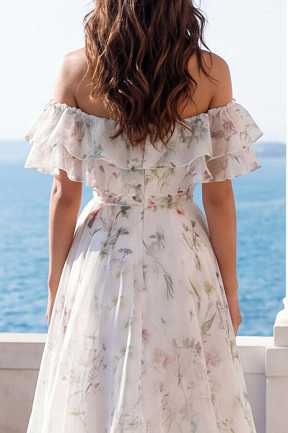 Ivory Off the Shoulder Floral Ruffled Long Beach Wedding Dress