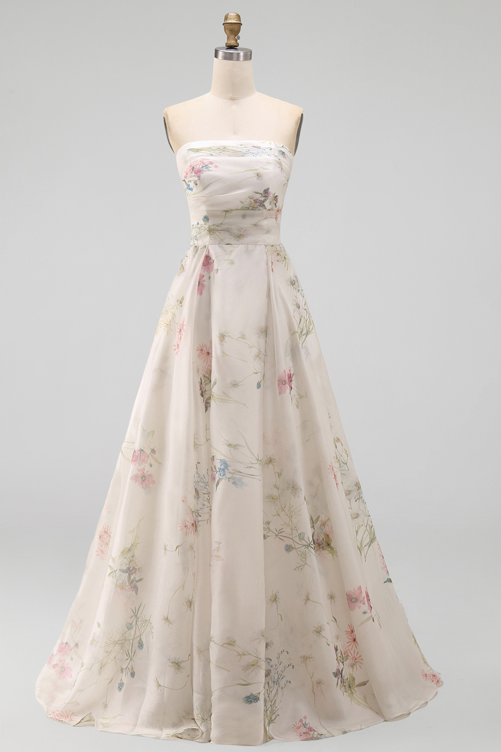 Strapless Floral A Line Ivory Long Beach Wedding Dress