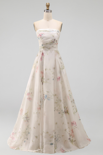 Strapless Floral A Line Ivory Long Beach Wedding Dress